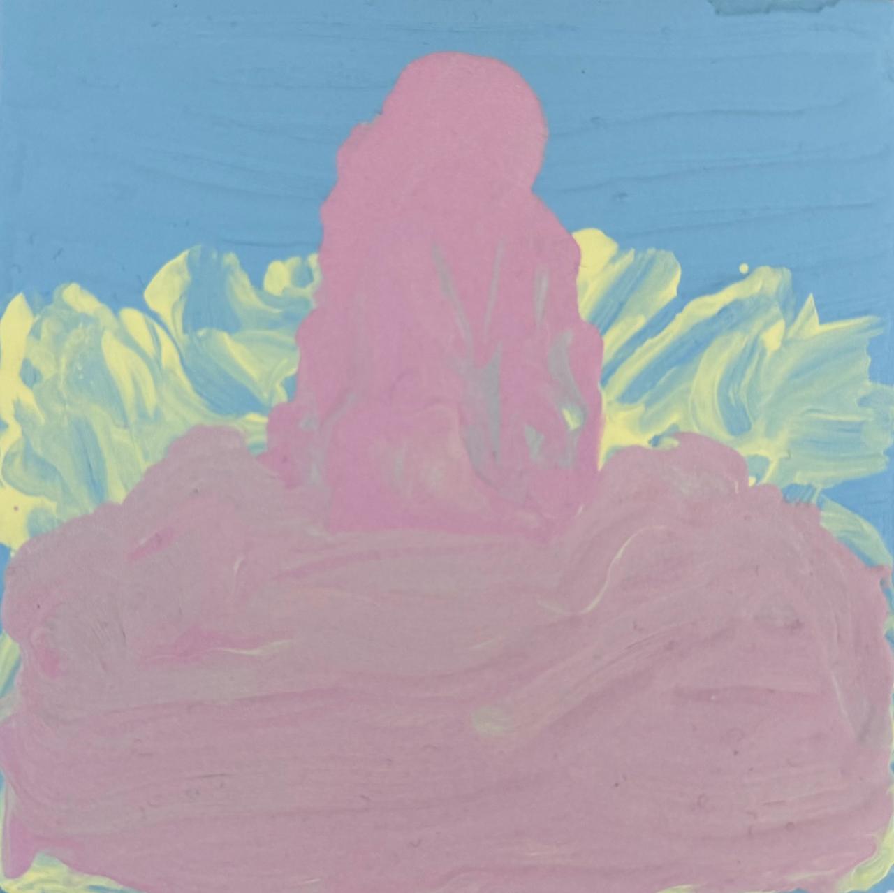 Original acrylic painting: a soft pink form against a blue sky with yellow brushstroke spray