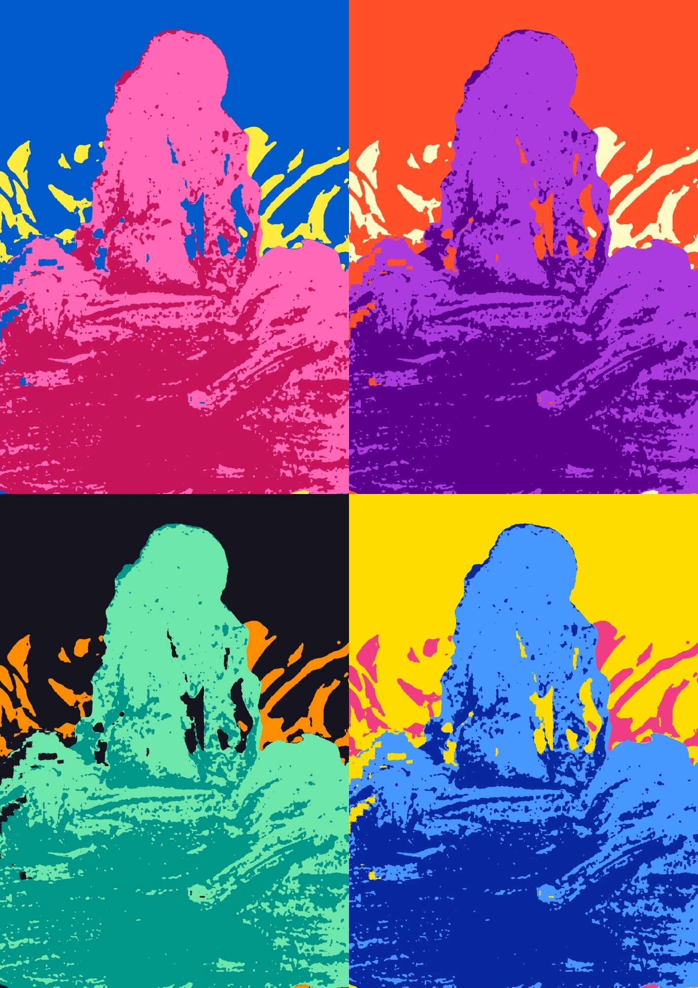 Four-panel pop-art variation of a pink monolith rising from waves, each panel in a different colourway